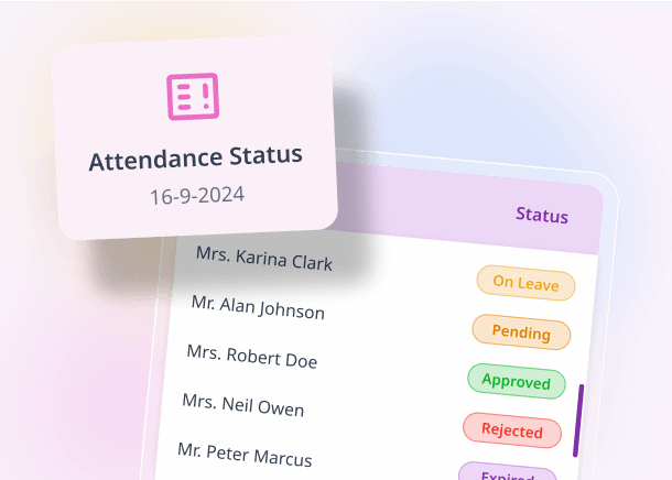An attendance status list marking employees on leave, pending, approved and rejected