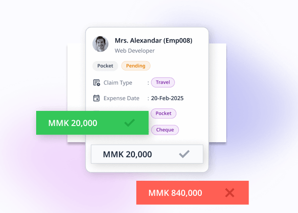 A travel expense claim card with one approved amount and one rejected amount