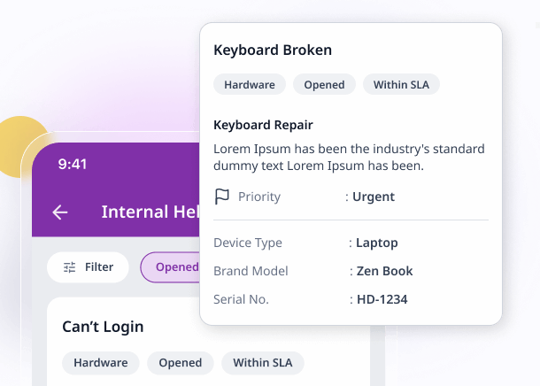 A helpdesk ticket for a broken keyboard showing urgent priority, device details and within SLA status