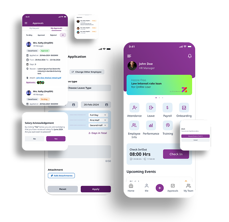 QHRM mobile app screens for approvals, leave requests and employee self-service
