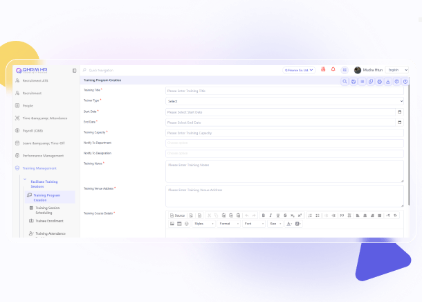 A training programme creation form with trainer type, start and end dates, capacity and venue fields