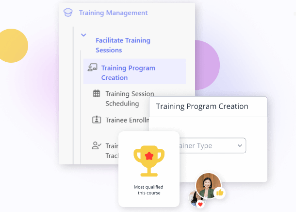 The training management menu for scheduling sessions and enrolling trainees, with a most qualified trainer badge