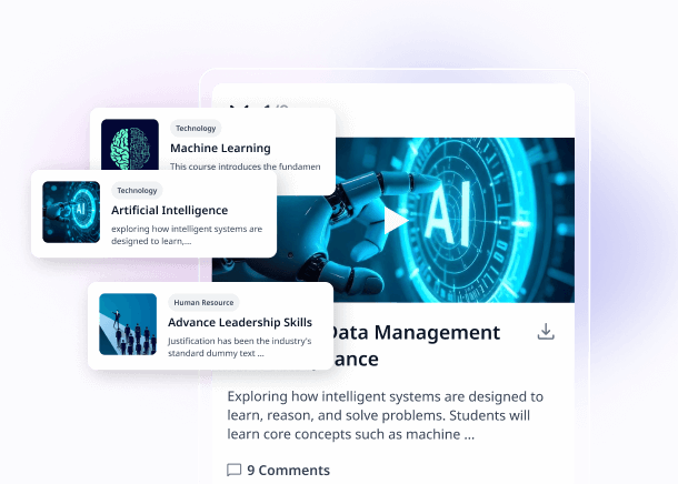 A course catalogue of machine learning, artificial intelligence and leadership courses beside a video lesson