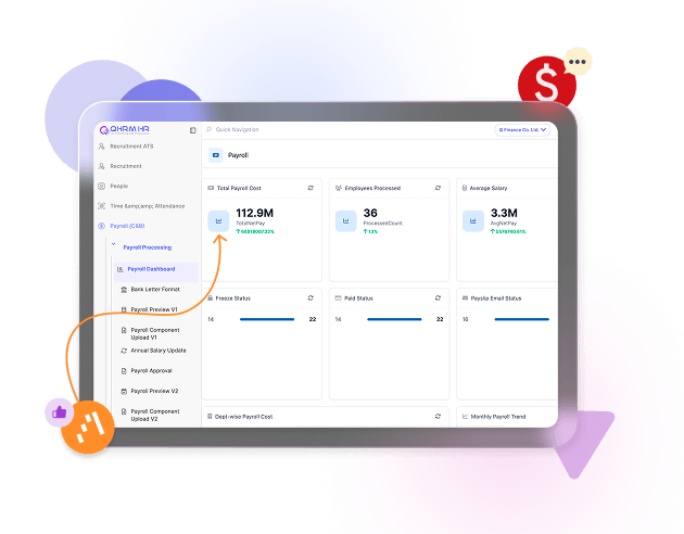The QHRM payroll menu and dashboard showing total payroll cost, employees processed and freeze and paid status