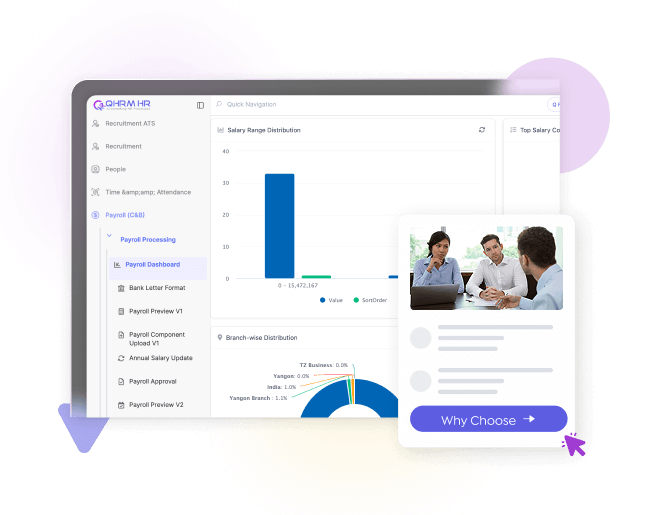 Salary range and branch-wise payroll distribution charts beside a photo of a client meeting