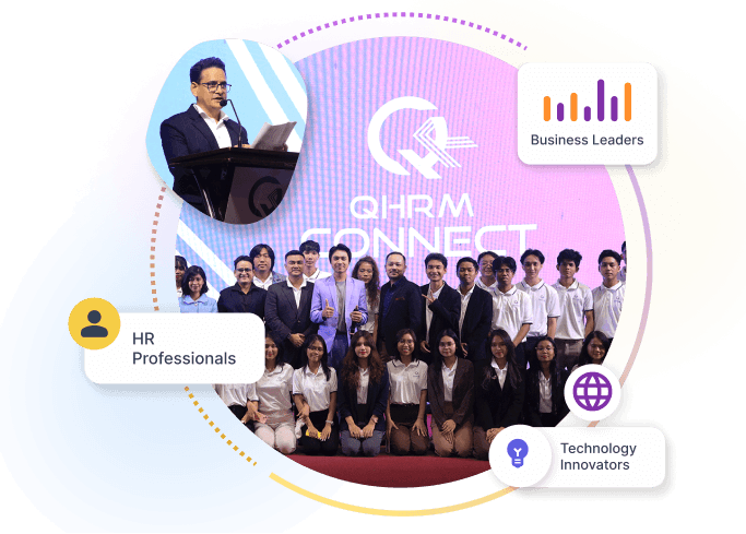 A QHRM Connect speaker at the podium and the attendee group photo, tagged HR professionals, business leaders and technology innovators