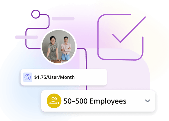 A mid-market HR plan card for companies of fifty to five hundred employees with per-user monthly pricing
