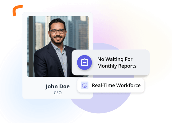 A CEO profile card annotated no waiting for monthly reports and real-time workforce