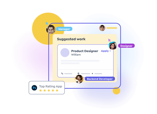 A suggested work card offering a product designer role, tagged manager, designer and backend developer