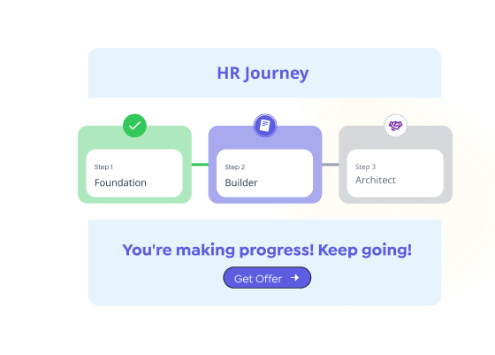 An HR journey stepper with the foundation stage complete and the builder and architect stages ahead
