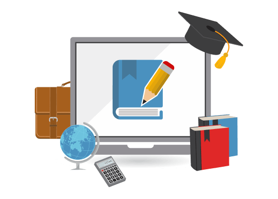 A graduation cap, textbooks, globe and calculator arranged around a laptop showing an open book