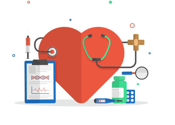 A stethoscope, syringe, patient chart and medicine arranged around a large red heart