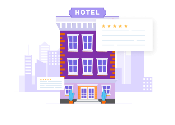 A hotel building against a city skyline with five star guest review cards