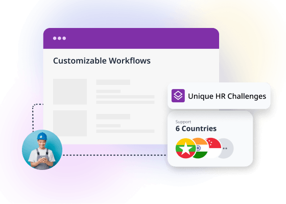 A customisable workflows window noting unique HR challenges and support across six countries, beside a plant worker
