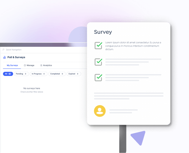 The my surveys screen beside a survey card of tick-marked questions