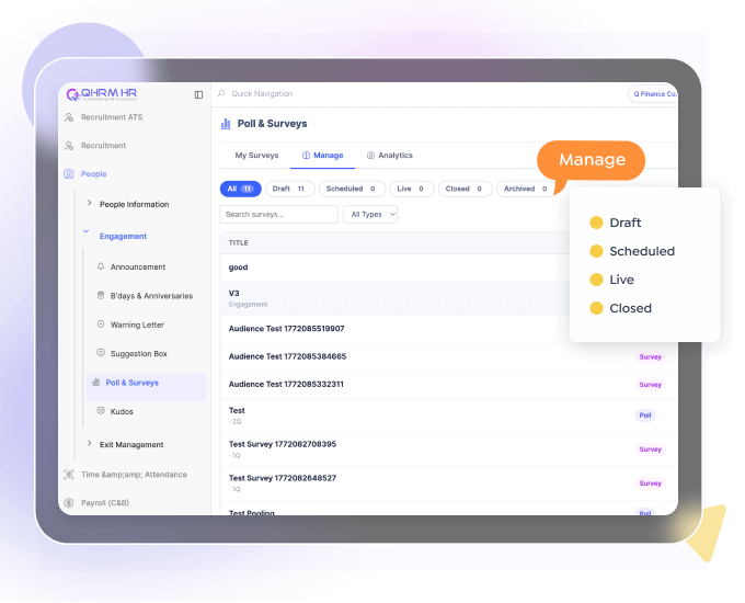A poll and survey list filtered by draft, scheduled, live and closed status