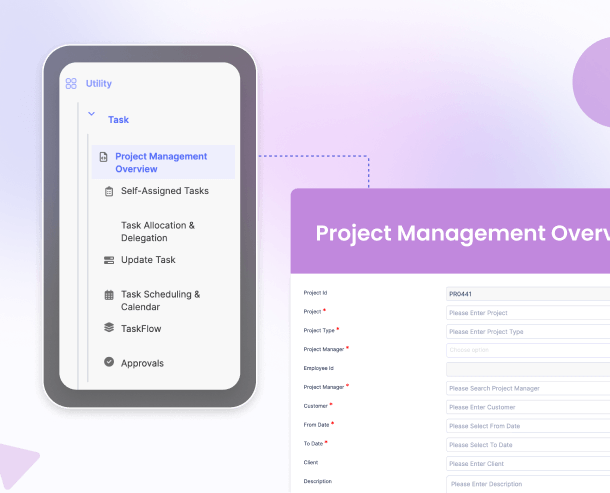 A project management overview form with project manager, customer and date fields beside the task menu