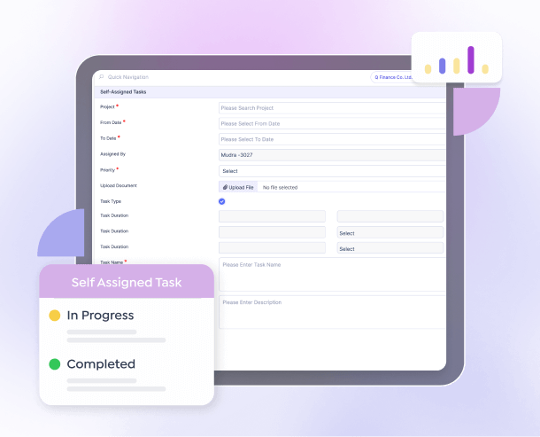 A self assigned task form with priority and duration fields beside in progress and completed task counts