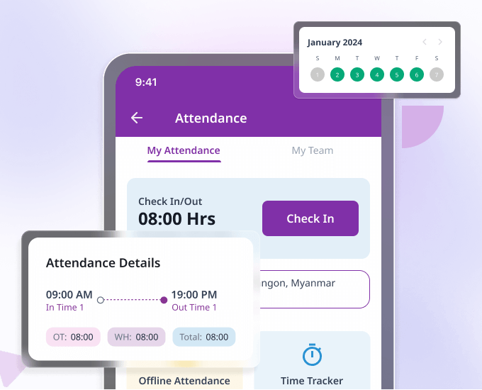 A mobile attendance screen with a check in button, an eight hour working day and in and out times
