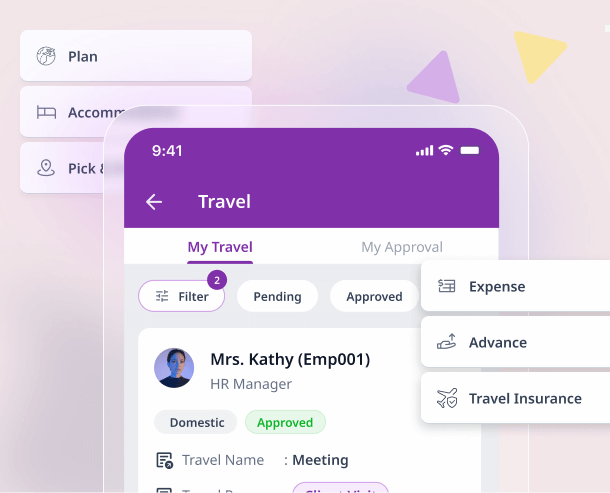 A my travel list with an approved domestic trip beside expense, advance and travel insurance options