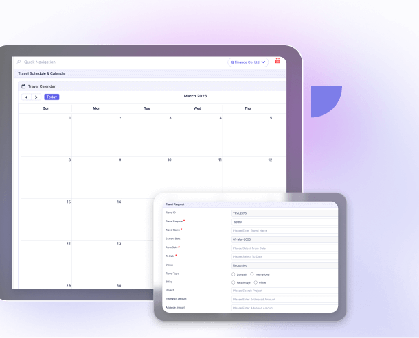 A monthly travel calendar beside a travel request form with dates, trip type and estimated amount
