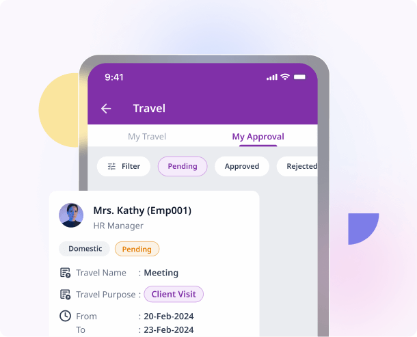 A travel approval screen with a pending domestic client visit awaiting a manager's decision