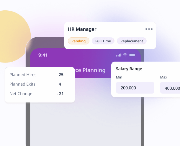 A workforce plan showing planned hires, planned exits and net headcount change alongside a salary range