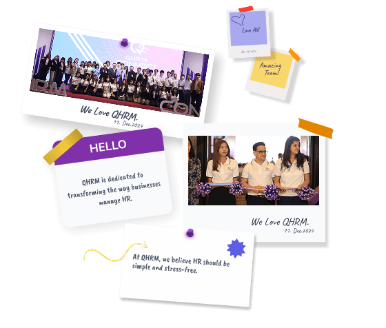 Scrapbook of QHRM team photos and handwritten notes about transforming the way businesses manage HR