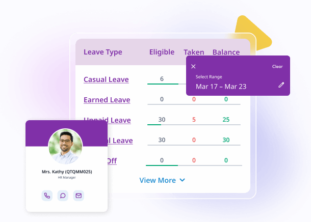 A leave balance table listing casual, earned and unpaid leave with eligible, taken and remaining days