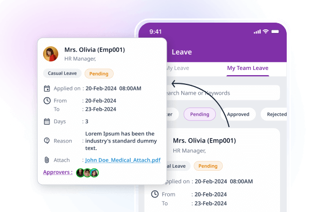 Leave request details with dates, reason and approvers beside the My Team Leave screen